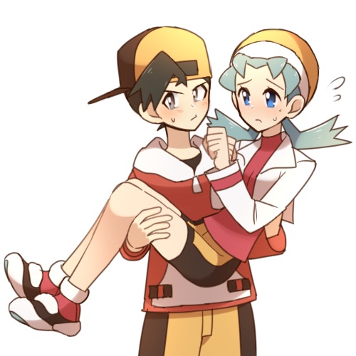 1boy, 1girl, 90s, aqua_hair, baseball_cap, black_eyes, black_hair, carrying, couple, crystal_(pokemon), embarrassed, gold_(pokemon), gold_(pokemon)_(classic), hat, hetero, lowres, poke_nk, pokemon, pokemon_(game), pokemon_gsc, princess_carry, simple_background
