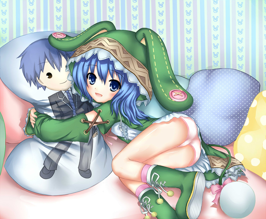 1girl, animal_ears, animal_hood, ass, blue_eyes, blue_hair, boots, bow, coat, dakimakura_(object), date_a_live, detached_sleeves, eyepatch, green_boots, hand_puppet, highres, hood, hug, itsuka_shidou, lin_yu, long_hair, looking_at_viewer, open_mouth, panties, pillow, pink_panties, puppet, rabbit, rabbit_ears, solo, tail, underwear, yoshino_(date_a_live)