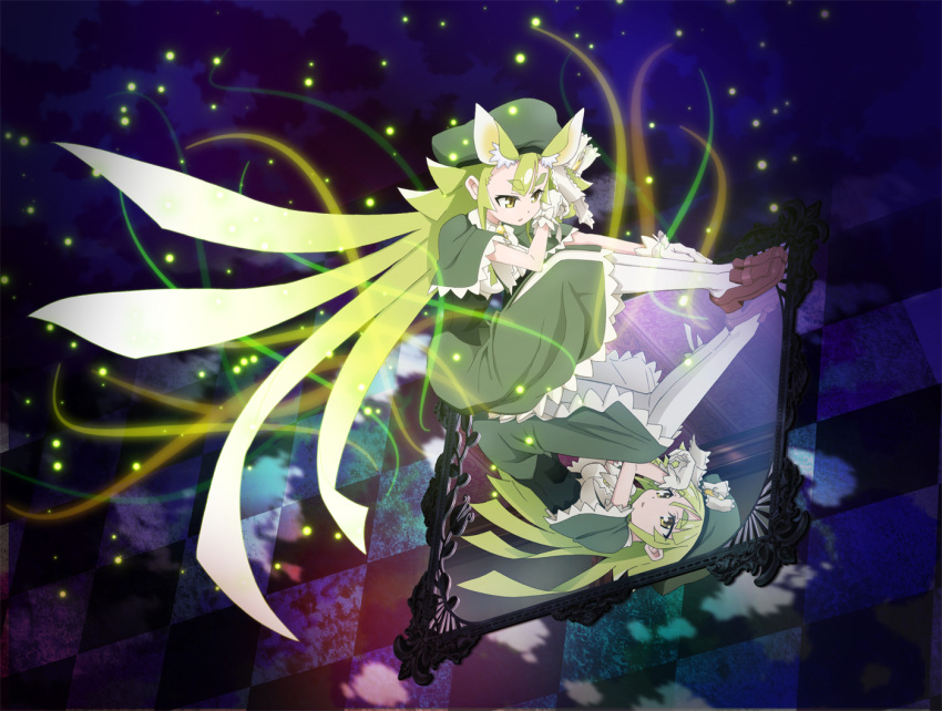 1girl, dress, dual_persona, fireflies, fog, gen'ei_wo_kakeru_taiyo, gloves, green_hair