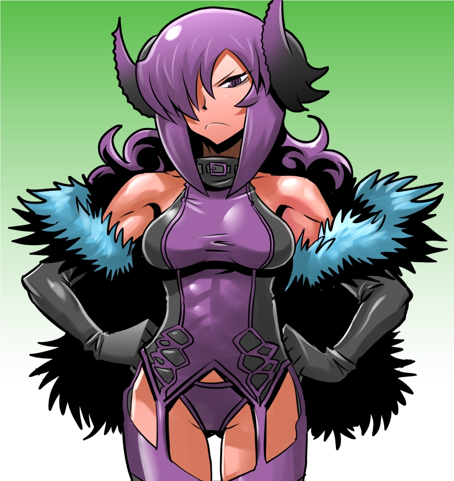 1girl, breasts, demon_girl, feather_boa, frown, hair_over_one_eye, hands_on_hips, horns