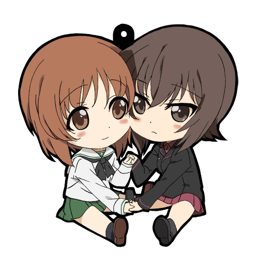 2girls, blush_stickers, brown_eyes, brown_hair, cheek-to-cheek, chibi, girls_und_panzer, green_skirt