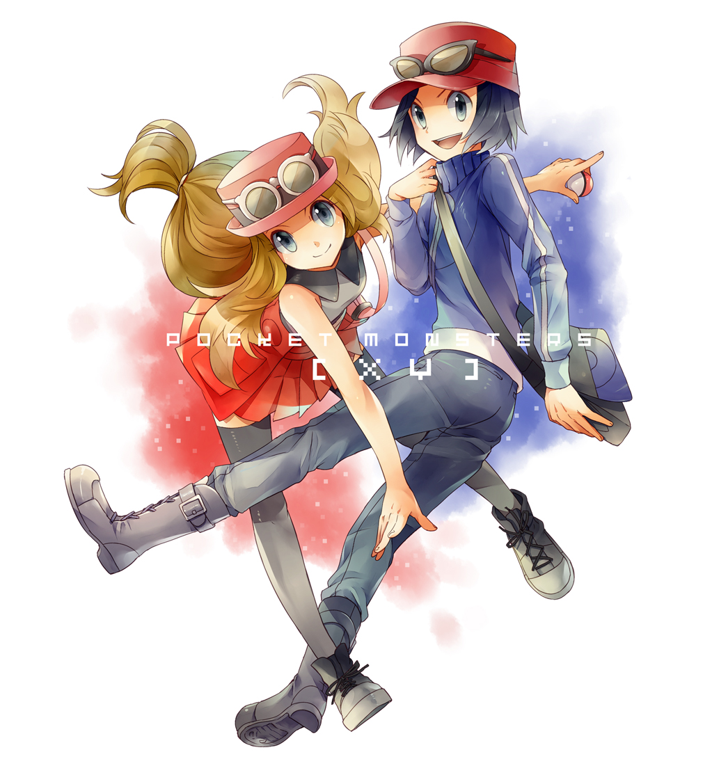 10s, 1boy, 1girl, bag, black_eyes, black_hair, blue_eyes, brown_hair, calme_(pokemon), glasses, poke_ball, pokemon, pokemon_(game), pokemon_xy, serena_(pokemon), skirt, thigh-highs, tomone