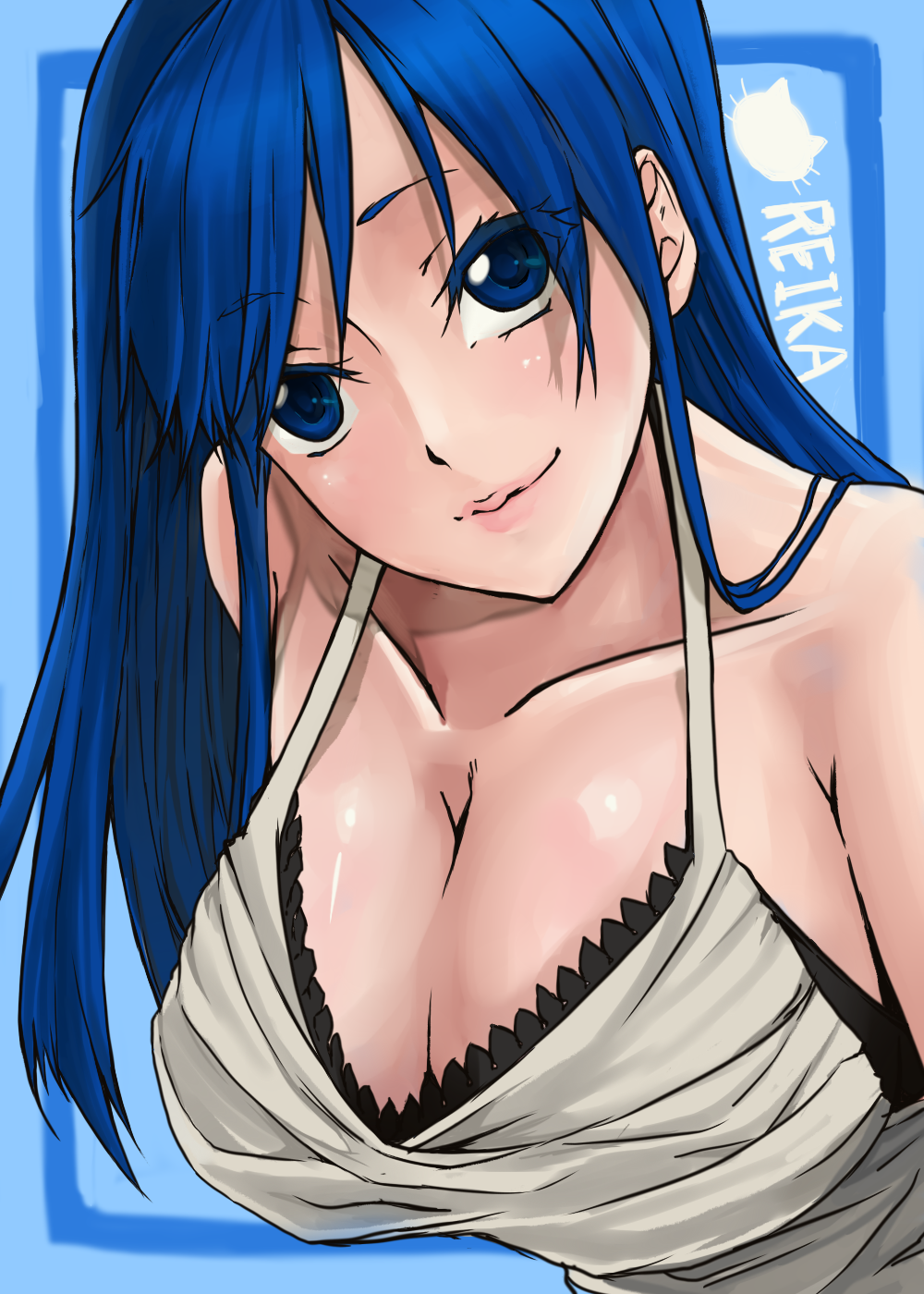 1girl, arms_behind_back, blue_eyes, blue_hair, breasts, cleavage, dream_c_club, halterneck, highres, huge_breasts, long_hair, nono_(noppodesu), reika_(dream_c_club), sideboob, smile, solo, strap_gap