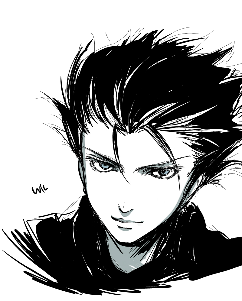 1boy, black_hair, blue_eyes, monochrome, mouri, vocaloid, wil_(vocaloid), zola_project