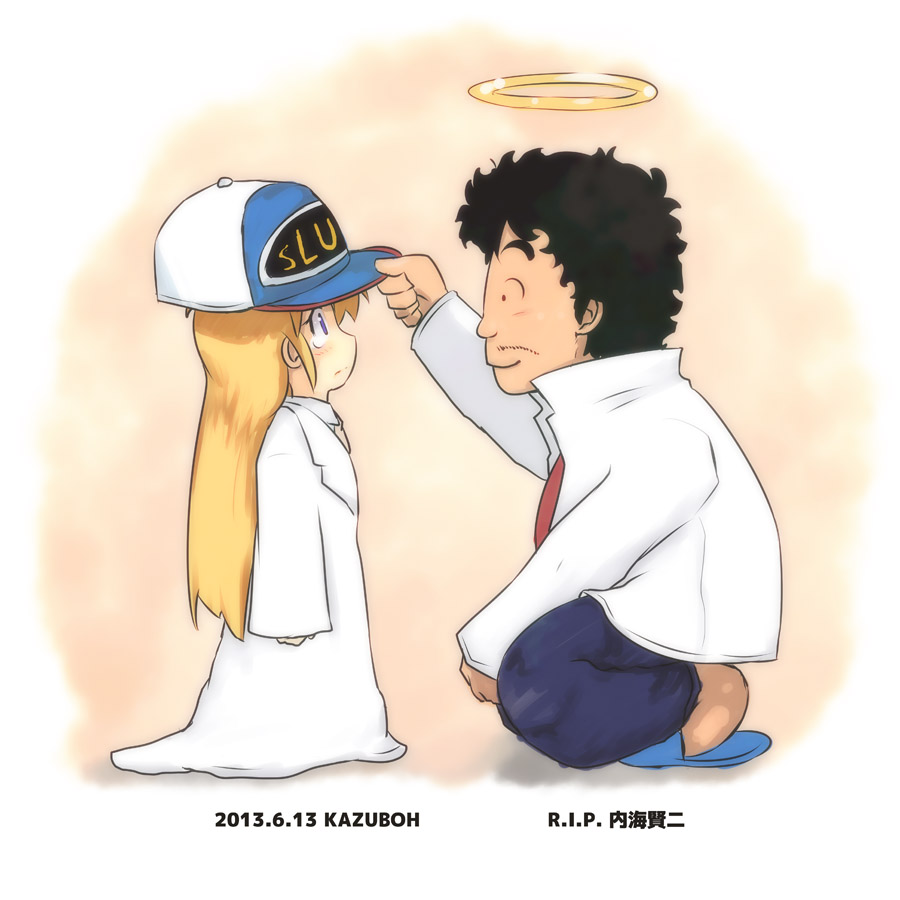 1boy, 1girl, artist_name, baseball_cap, black_hair, blonde_hair, clothes_writing, crossover