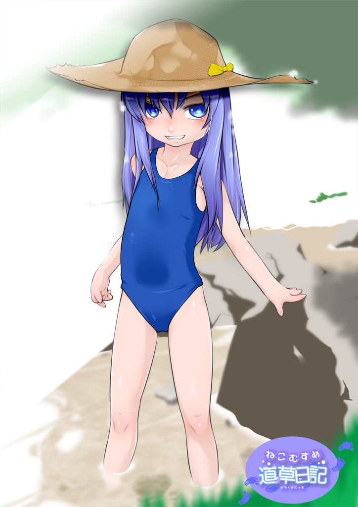 1girl, blue_eyes, child, flat_chest, grin, hat, ibuki_(neko_musume_michikusa_nikki), j7w