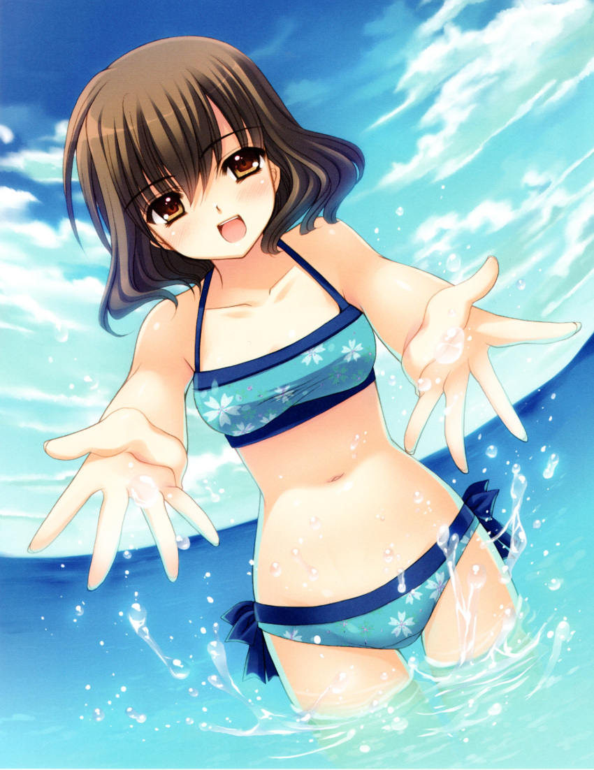 1girl, :d, absurdres, bikini, blue_bikini, breasts, brown_eyes, brown_hair, clouds, floral_print, hands, highres, kimi_to_issho_ni, matsushita_yui, navel, nishimata_aoi, ocean, open_mouth, outstretched_hand, short_hair, sky, smile, solo, splashing, swimsuit, wading, water