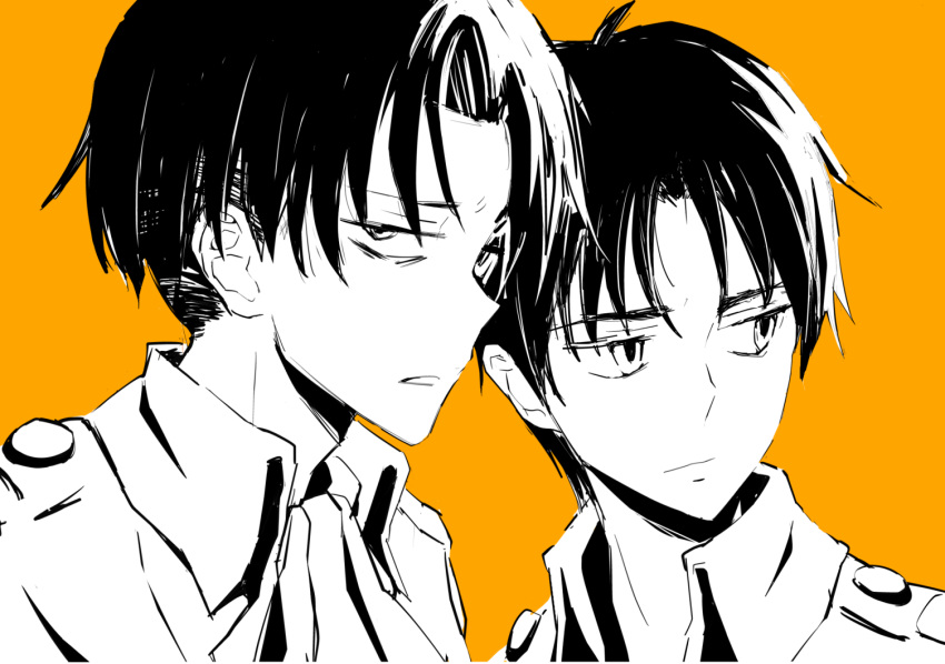 2boys, black_hair, closed_mouth, eren_yeager, expressionless, jacket, kayasaki_sakura, levi_(shingeki_no_kyojin), looking_afar, looking_at_viewer, monochrome, multiple_boys, shingeki_no_kyojin, short_hair, simple_background, uniform, upper_body, yellow_background
