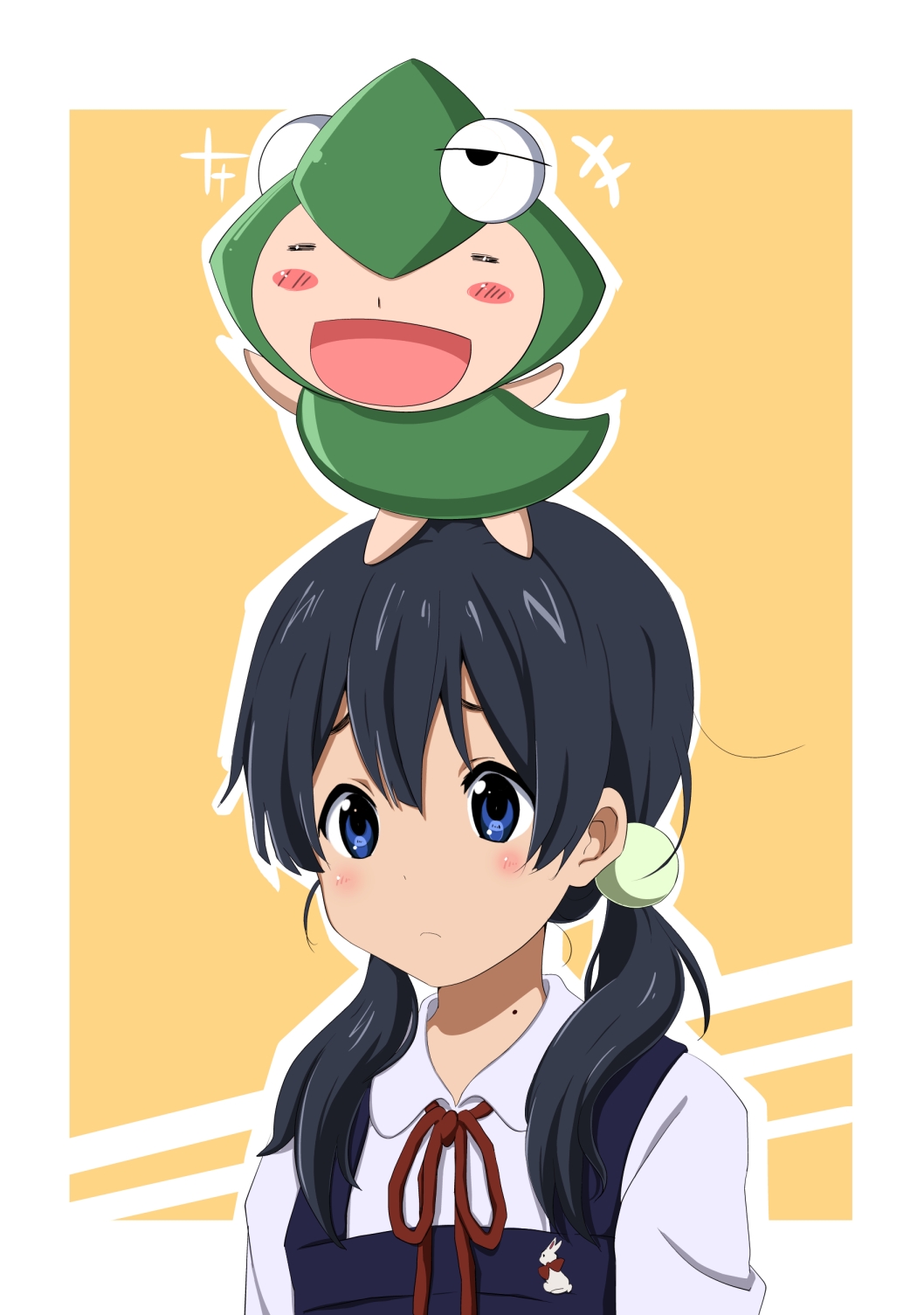 1girl, =_=, black_hair, blue_eyes, blush, blush_stickers, frown, hidamari_sketch