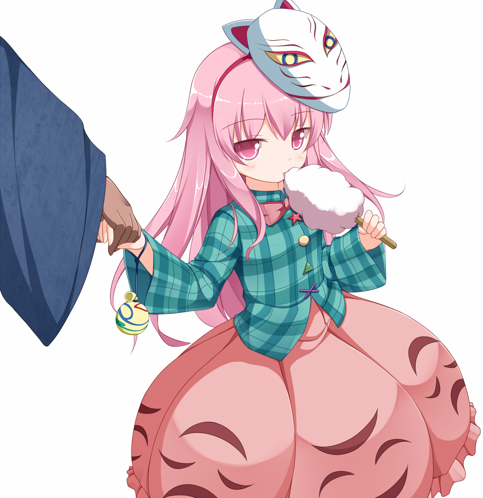 1girl, bow, bubble_skirt, child, cotton_candy, eating, expressionless, fox_mask
