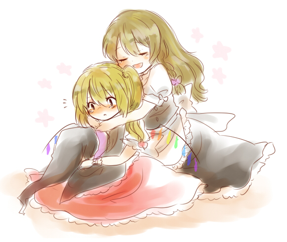 2girls, apron, black_dress, blonde_hair, blush, braid, closed_eyes, dress