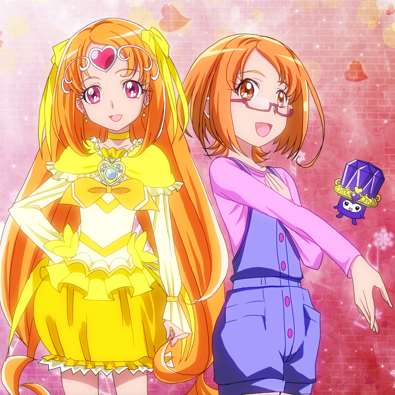 1girl, 2girls, :d, bangs, blush, boots, bow, brick_wall