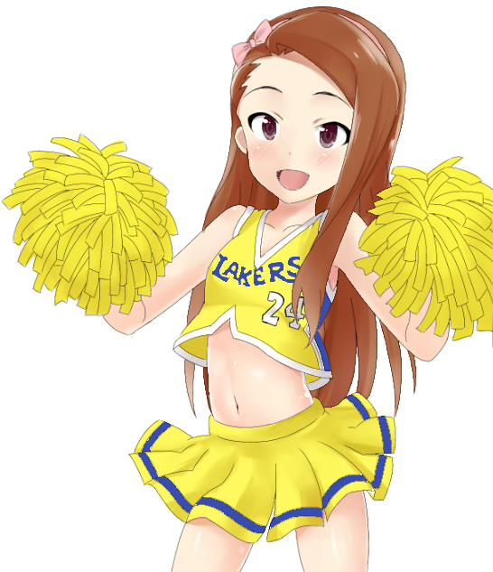 1girl, :d, bad_id, blush, bow, brown_eyes, brown_hair, cheerleader, female, happy, headband, idolmaster, kobe_bryant, long_hair, looking_at_viewer, los_angeles_lakers, midriff, minase_iori, national_basketball_association, navel, open_mouth, pom_poms, simple_background, skirt, smile, solo, standing, white_background