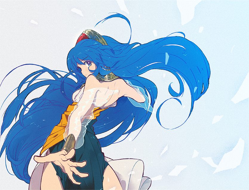 1girl, blue_eyes, blue_hair, dress, expressionless, hairband, long_hair, looking_back
