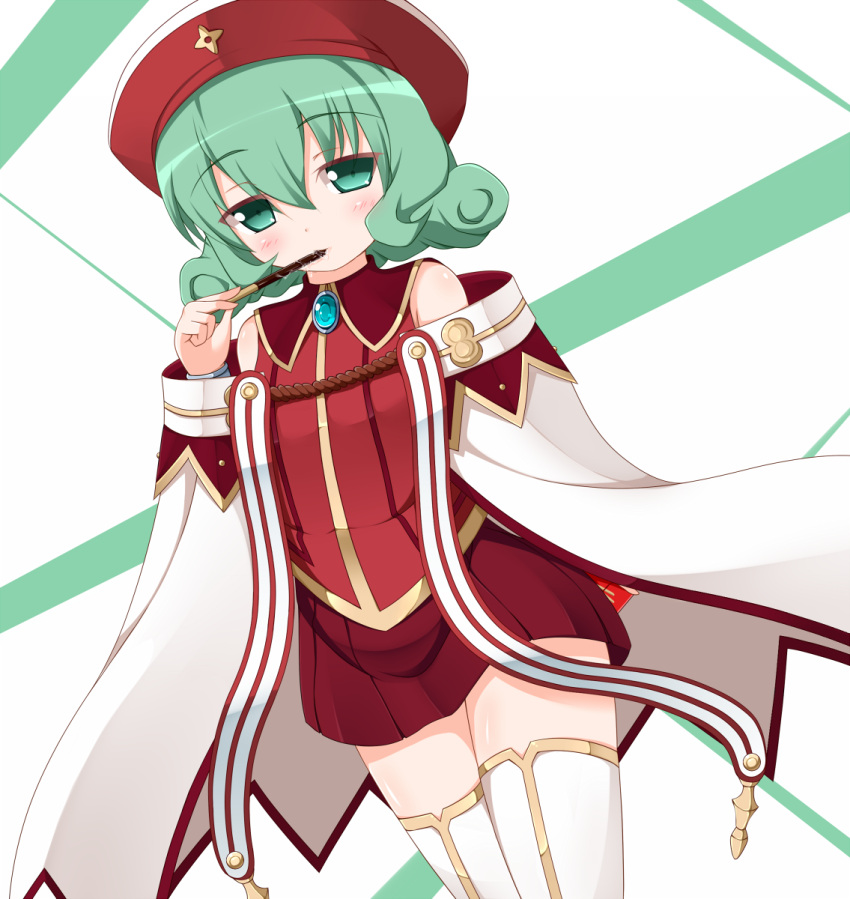 1girl, bare_shoulders, blush, brooch, cape, emerada_etuva, female, green_eyes