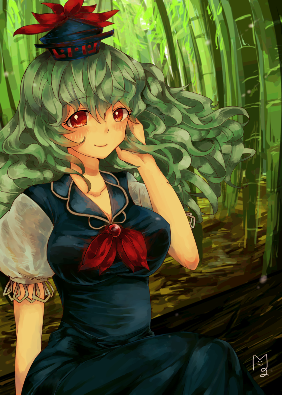 1girl, adjusting_hair, bad_id, bamboo, bamboo_forest, blue_hair, breasts, cleavage