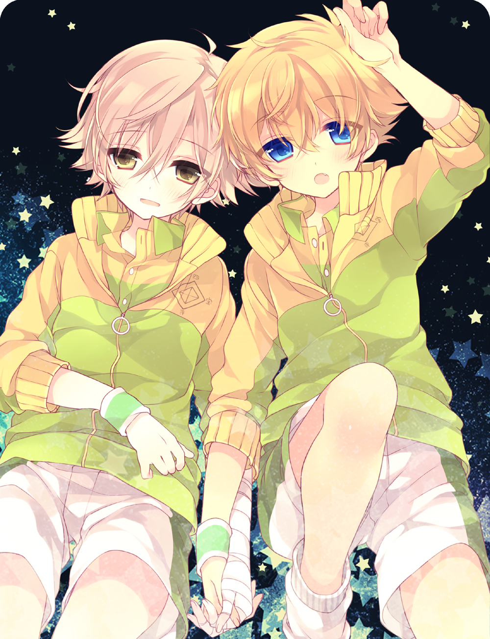 2boys, :o, bandage, blue_eyes, blush, brown_eyes, brown_hair, child