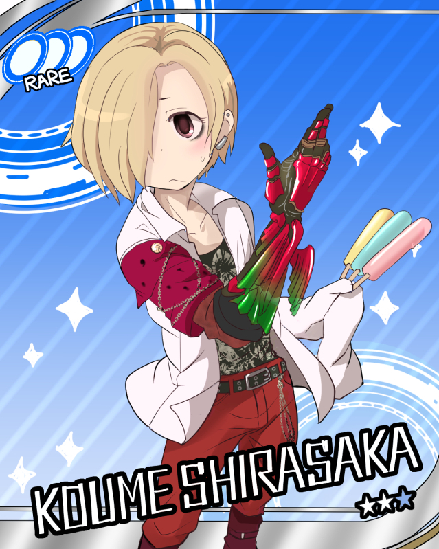1girl, ankh_(ooo), ankh_(ooo)_(cosplay), belt, blonde_hair, brown_eyes, card_(medium), character_name