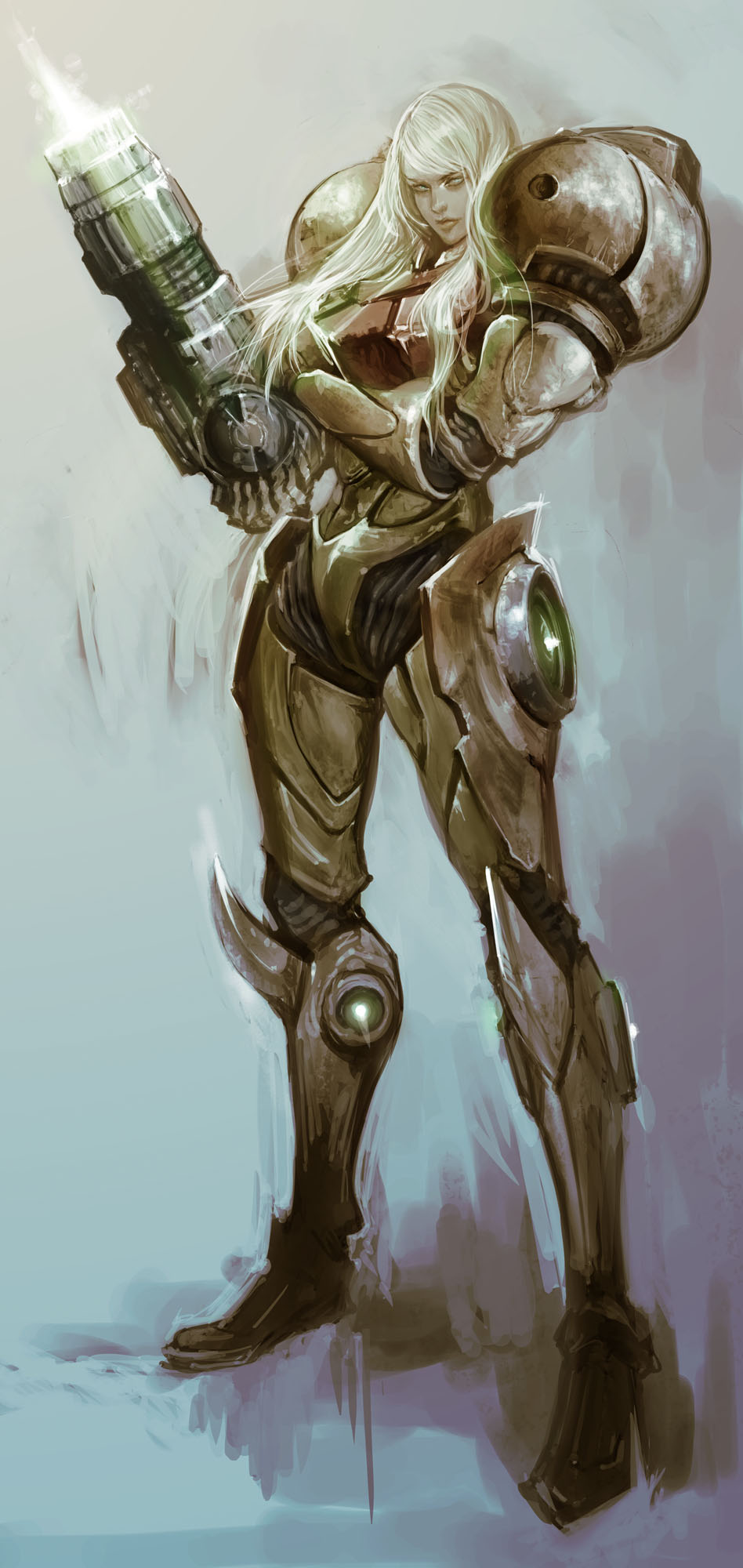 1girl, armor, blonde_hair, blue_eyes, highres, ikeda_masateru, long_hair, metroid