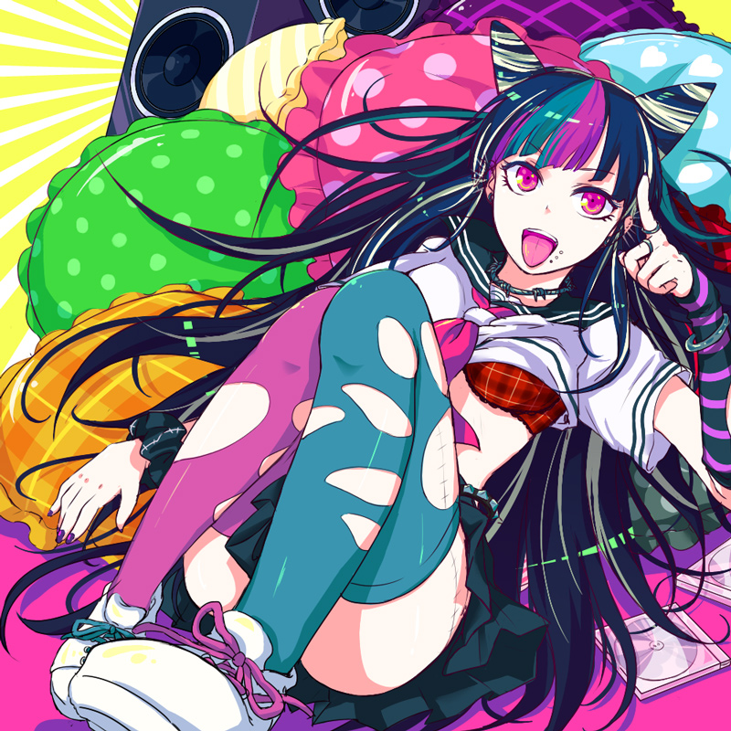 1girl, bad_id, black_hair, blue_hair, bra, bracelet, cd_case, dangan_ronpa, from_above, jewelry, long_hair, lying, mioda_ibuki, multicolored_hair, nail_polish, on_back, open_mouth, piercing, pillow, pochi_(goodgrief), purple, purple_hair, ring, school_uniform, single_glove, skirt, solo, super_dangan_ronpa_2, thigh-highs, tongue, tongue_out, underwear, violet_eyes, white_hair