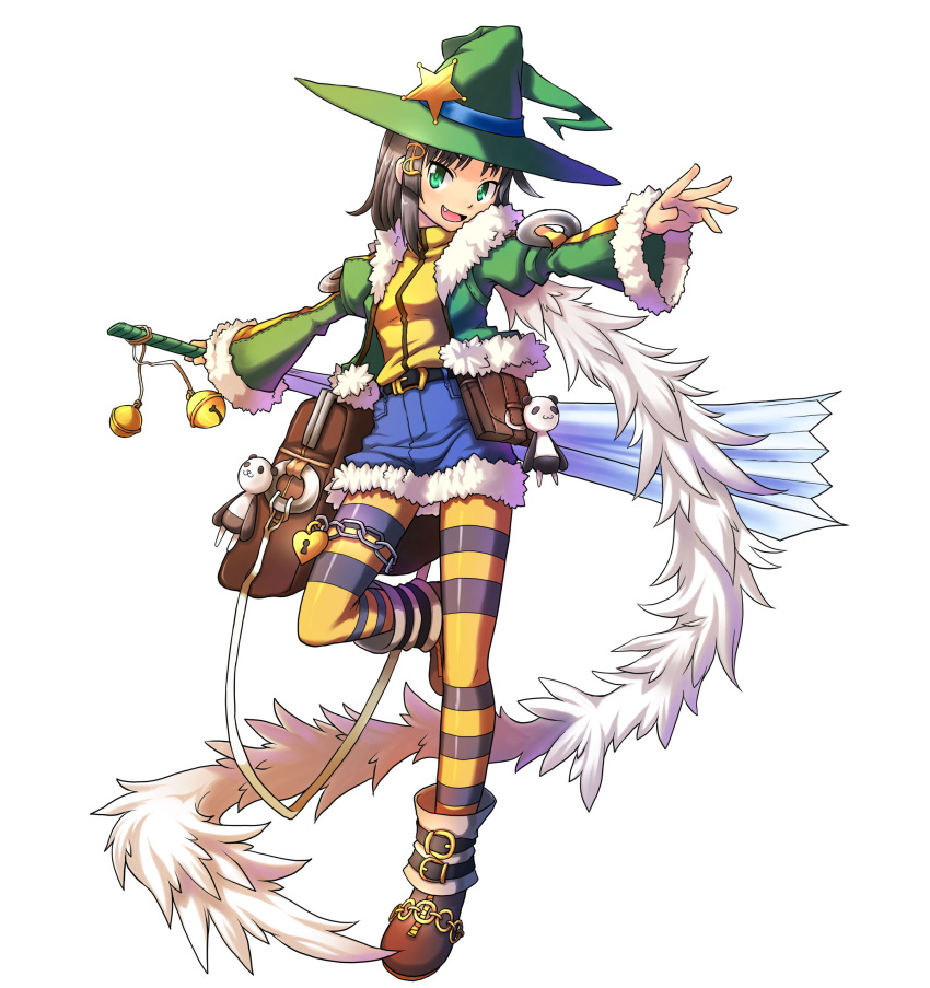 1girl, absurdres, bag, bell, belt, buckle, chains, fan, fang, feather_boa, green_eyes, harisen, hat, highres, jacket, kanatarou, keyhole, lock, looking_at_viewer, louis_leondyke, messenger_bag, official_art, outstretched_arms, outstretched_hand, padlock, panda, pantyhose, paper_fan, short_hair, shoulder_bag, simple_background, skirt, smile, solo, standing_on_one_leg, striped, striped_legwear, trouble_witches, trouble_witches_ac, trouble_witches_neo, white_background, witch, witch_hat