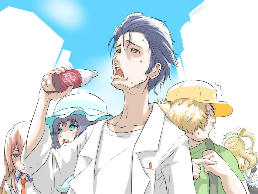 2boys, 3girls, 5pb., black_hair, blue_eyes, brown_hair, crossover, dr_pepper