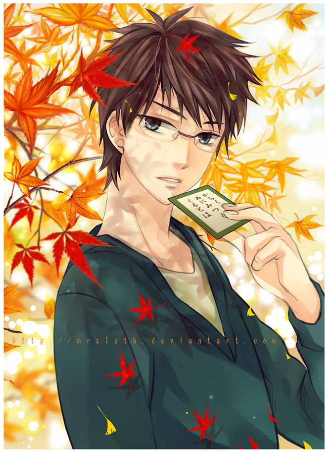 1boy, blue_eyes, branch, brown_hair, chihayafuru, glasses, iroha_karuta, leaf