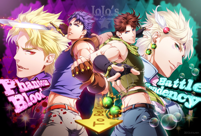 4boys, argyle, argyle_background, battle_tendency, belt, blonde_hair, blue_eyes, bola_(weapon)