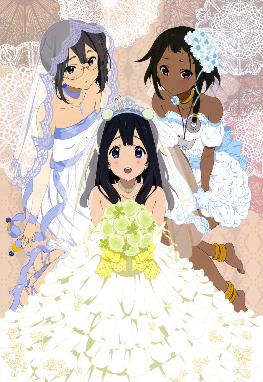 3girls, :d, absurdres, anklet, asagiri_shiori, bare_shoulders, barefoot, black_hair
