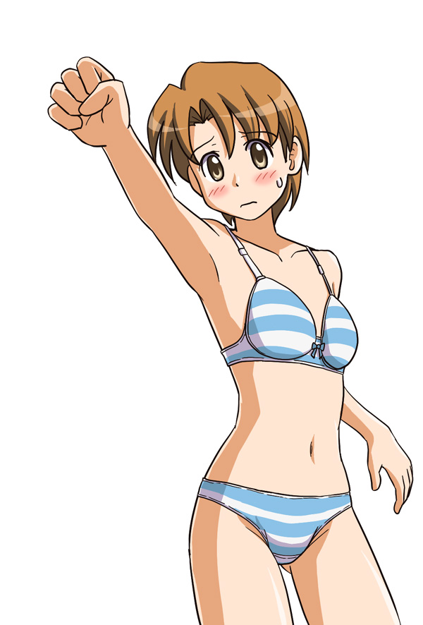 1girl, blush, bra, brown_eyes, brown_hair, fujimoto_atsuko, lielos, navel, no_pants, open_mouth, original, panties, short_hair, solo, source_request, striped, striped_bra, striped_panties, sweatdrop, underwear, underwear_only