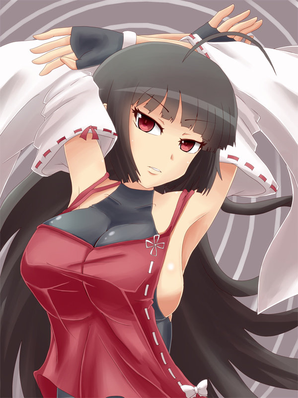 1girl, ahoge, armpits, arms_up, bare_shoulders, black_hair, breasts, detached_sleeves