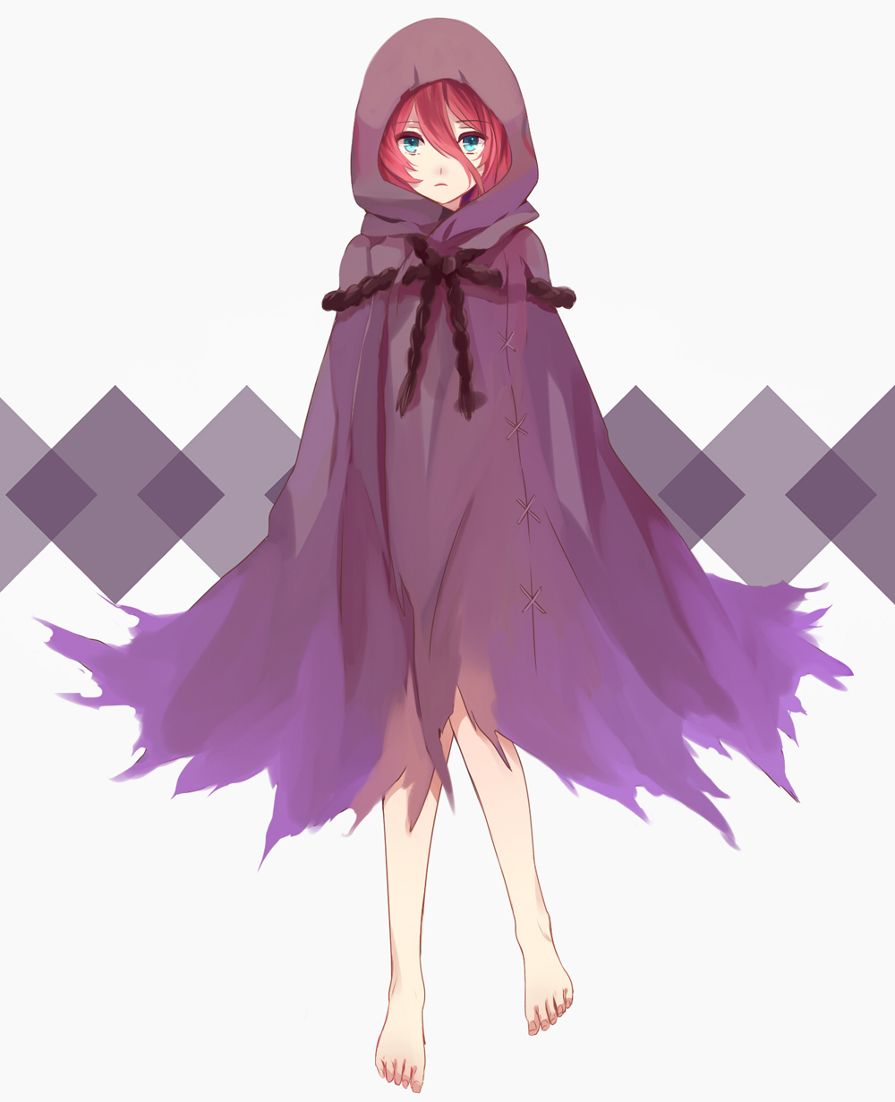 1girl, akki_(shin_sekai_yori), androgynous, barefoot, blue_eyes, cloak, feet, female