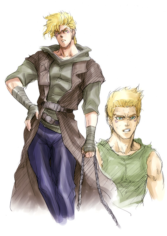 2boys, blonde_hair, caesar_anthonio_zeppeli, chains, child, cloak, dual_persona, fingerless_gloves
