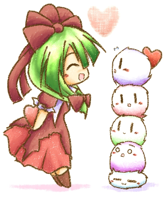 :3, ?_(pixiv34168), chibi, green_hair, hair_ribbon, heart, kagiyama_hina, kedama