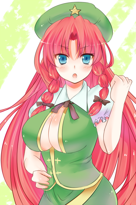 blue_eyes, braid, breasts, cleavage, hat, hong_meiling, impossible_clothes, impossible_shirt