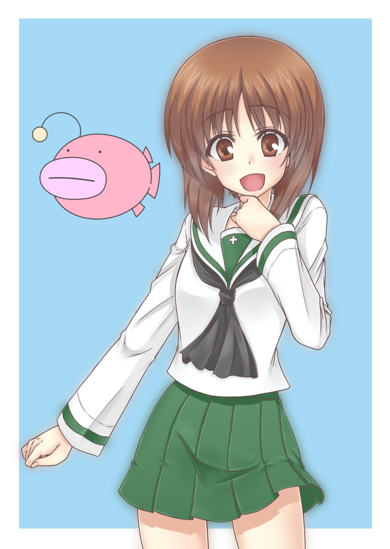 1girl, anglerfish, bangs, brown_eyes, brown_hair, cowboy_shot, emblem, girls_und_panzer