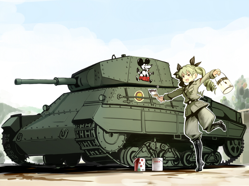 1girl, anchovy, belt, black_boots, black_shirt, blush, boots, cameo, can, caterpillar_tracks, decals, emblem, girls_und_panzer, grey_jacket, grey_pants, ground_vehicle, hair_ribbon, knee_boots, leg_up, long_sleeves, military, military_uniform, military_vehicle, motor_vehicle, outstretched_arms, p-40, paint_can, paintbrush, pants, ribbon, shirt, smile, solo, spread_arms, standing, tank, twinpoo, twintails, uniform, vehicle