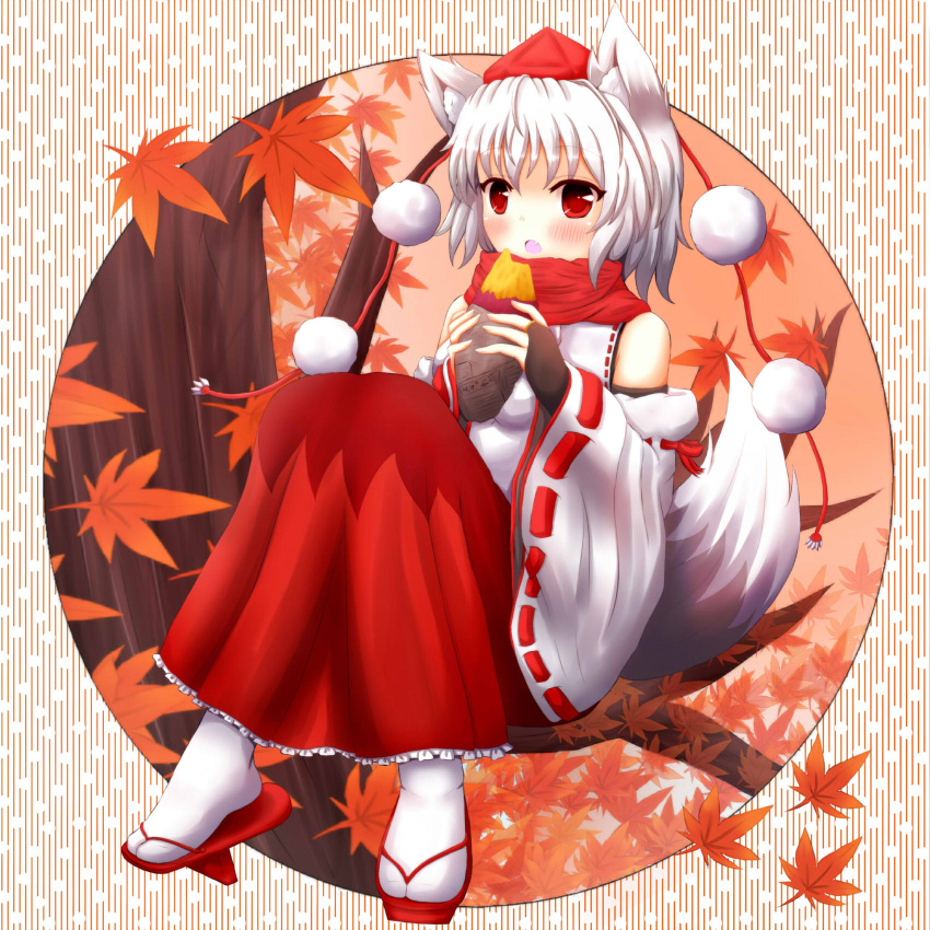 animal_ears, blush, detached_sleeves, eating, fang, female, food, hat