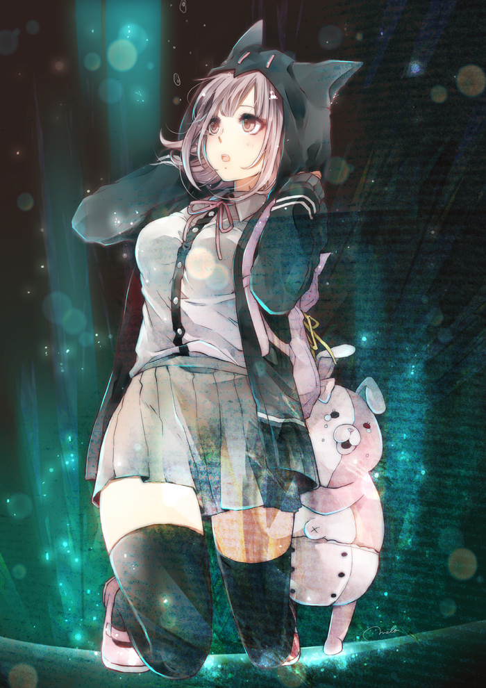 1girl, bag, black_legwear, dangan_ronpa, hair_ornament, hairclip, hood, hoodie