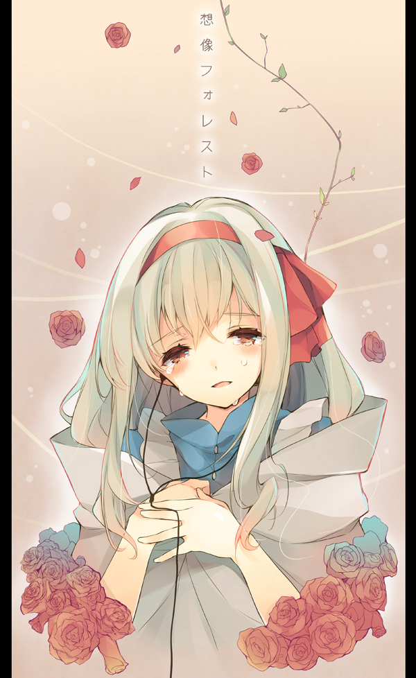 1girl, blonde_hair, blush, dress, earphones, enomoto_hina, flower, kagerou_project, kozakura_marry, kozakura_mary, long_hair, mary_(kagerou_project), pillarboxed, red_eyes, rose, smile, solo, souzou_forest_(vocaloid), tears