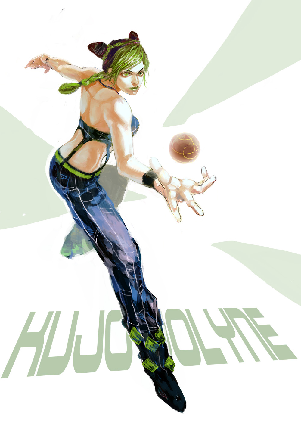 1girl, ball, black_hair, double_bun, freer, green_eyes, green_hair, green_lipstick
