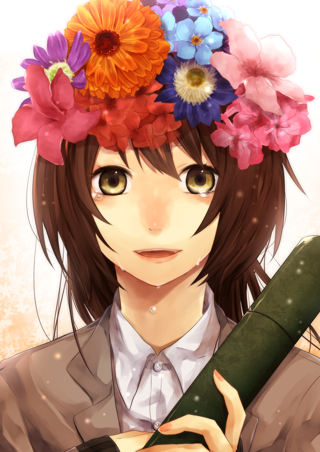 brown_eyes, brown_hair, diploma, face, flower, hanagerian, head_wreath, highres