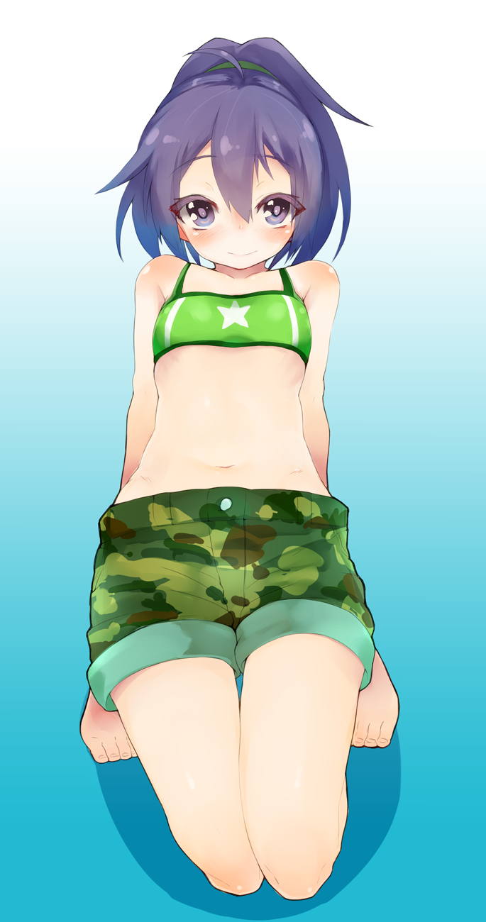 1girl, ahoge, barefoot, blue_background, blush, camouflage, colored_eyelashes, flat_chest