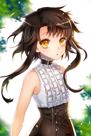 1girl, bangs, bare_shoulders, black_hair, choker, collar, flat_chest, frills