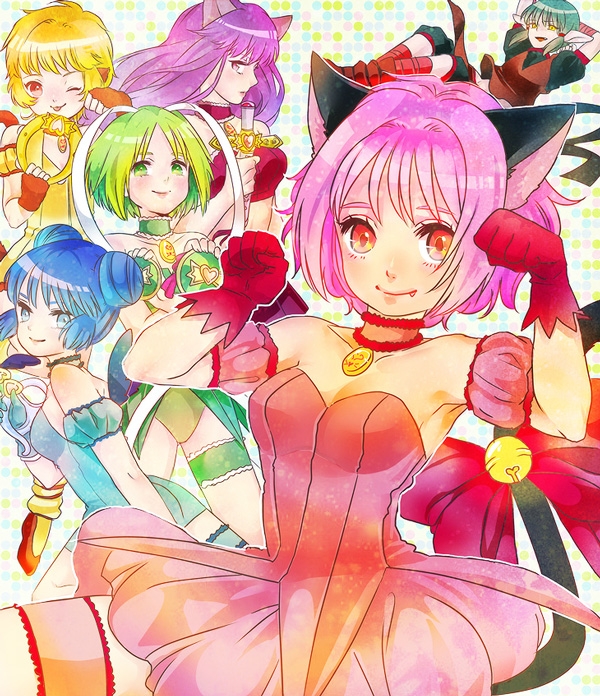 00s, 1boy, 5girls, aizawa_mint, animal_ears, arm_garter, bad_id, bare_shoulders