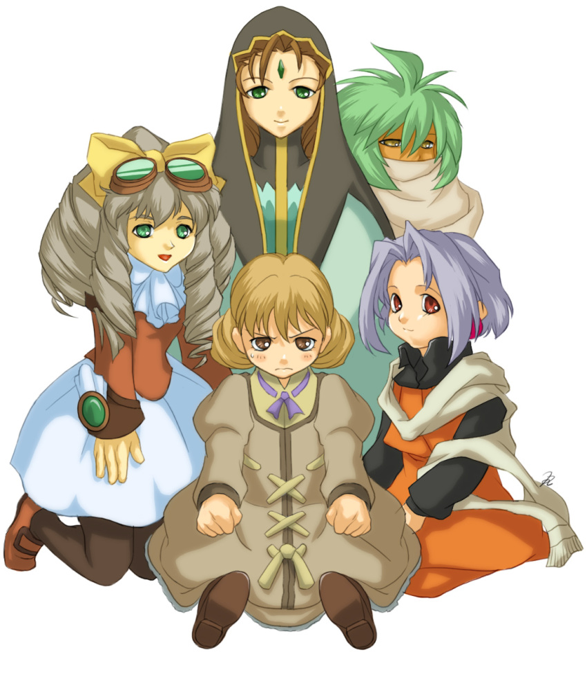 5girls, :d, blush, bow, brown_eyes, brown_hair, dark_skin, dress