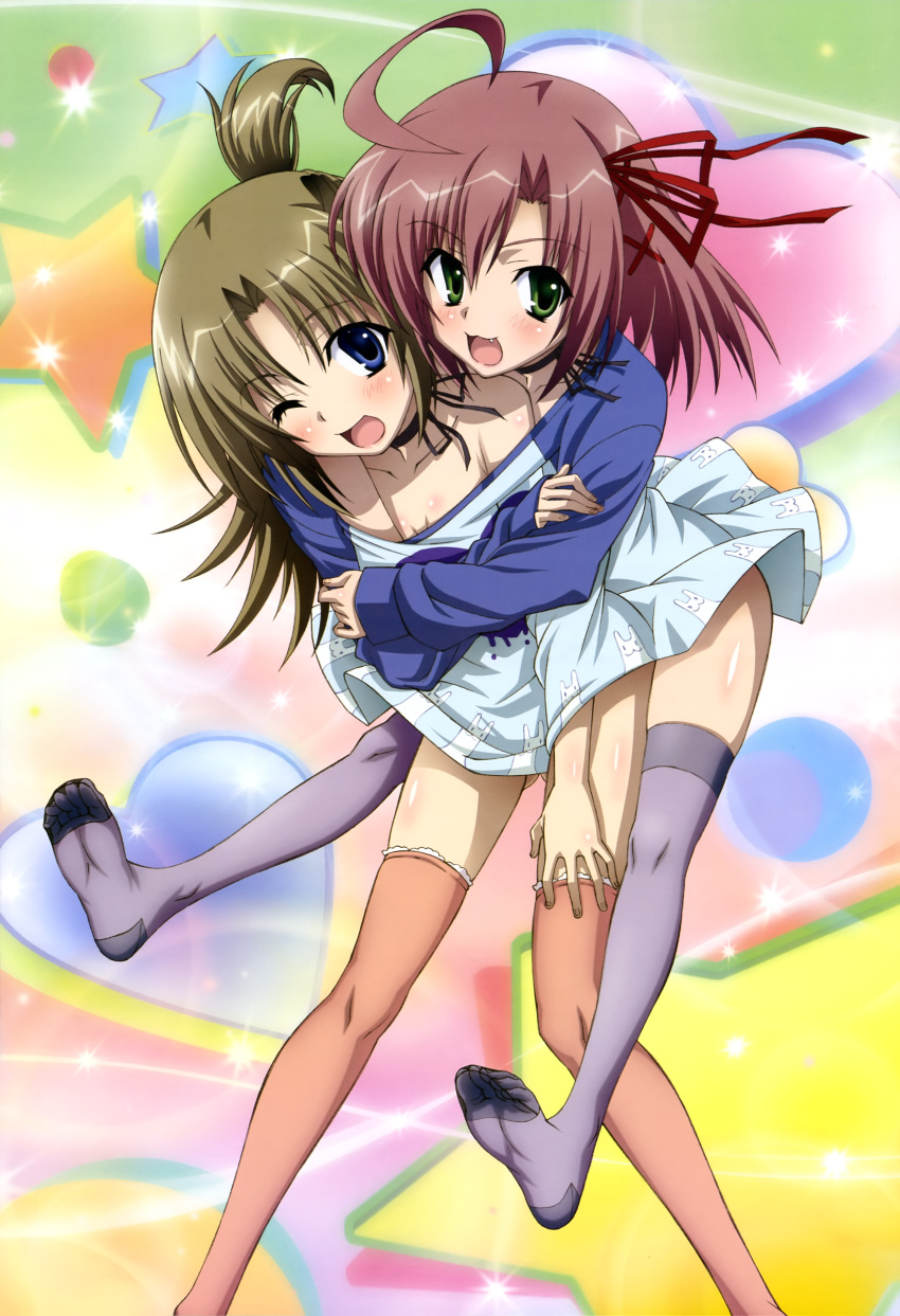 2girls, absurdres, ahoge, blue_eyes, blush, casual, fang, feet