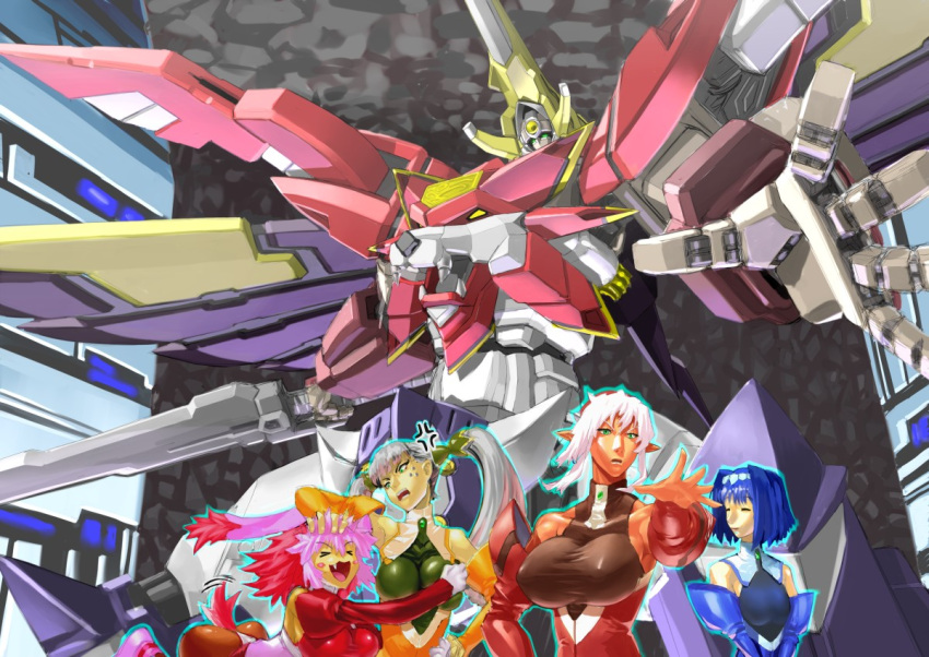 >_<, 4girls, animal_ears, blue_hair, blush_stickers, breast_grab, breasts, bunny_tail, closed_eyes, detached_sleeves, dominia_yizkor, facial_mark, fang, g-elements, grabbing, green_eyes, huge_breasts, kelvena, kelvena_(xenogears), long_hair, md5_mismatch, mecha, multicolored_hair, multiple_girls, pink_hair, pointy_ears, rabbit_ears, seraphita, seraphita_(xenogears), short_hair, silver_hair, sword, tail, tolone, tolone_(xenogears), twintails, two-tone_hair, urara_(urara-nya), weapon, xenogears