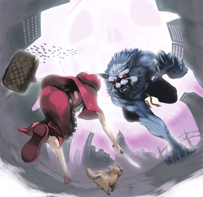 1girl, basket, battle, blue_skin, bulleta, capcom, dog, dress, fisheye, from_below, fur, gallon, glowing, glowing_eyes, highres, hood, kajichan, knife, little_red_riding_hood, puppy, red_dress, red_eyes, running, shirtless, skirt, vampire_(game), werewolf