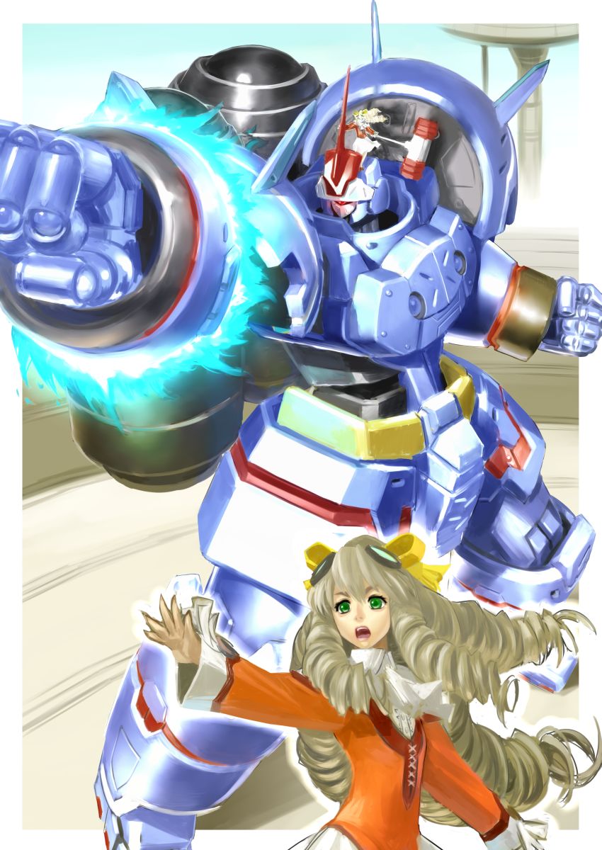 1girl, bow, drill_hair, goggles, goggles_on_head, goggles_on_hear, green_eyes, grey_hair